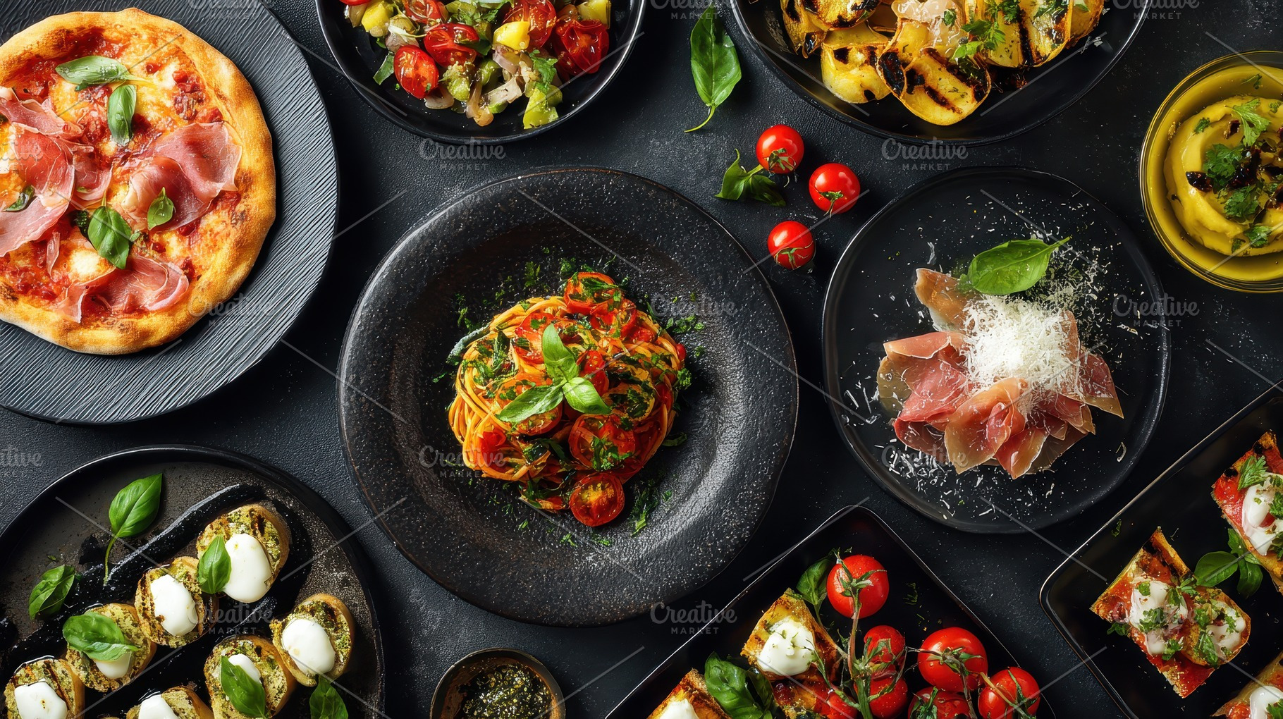 Gathering of delicious Italian meals, a Photo by Pavel_design
