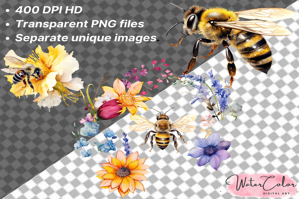 Honey Bee Watercolor Clipart, a Decorative Illustration by Watercolor Digital (Photo 5 of 7)