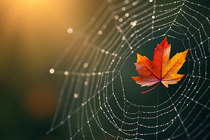 Autumn leaf caught in a dewy spiderw, a Nature Photo by Artonix