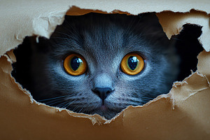 A grey cat crawling through a torn hole, an Animal Photo by AlyaAnd