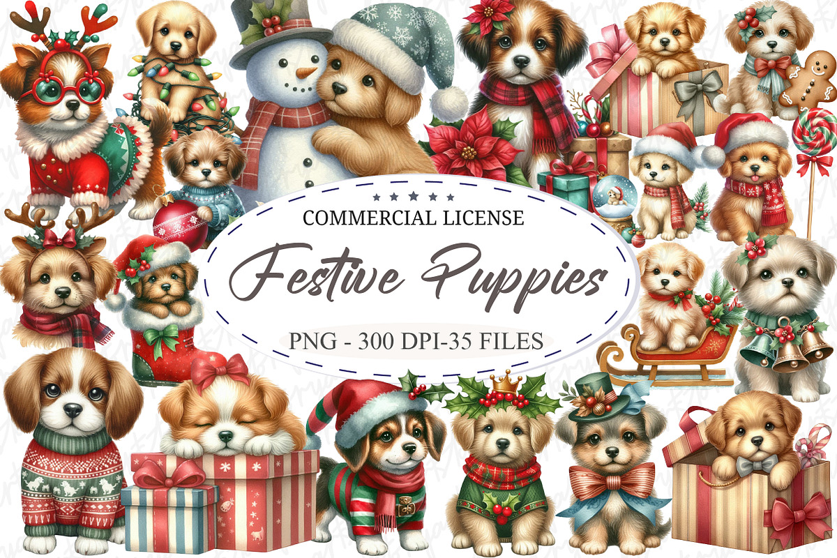 Cute Christmas Festive Puppies Clipa, an Illustration by designcity5 (Photo 1 of 5)