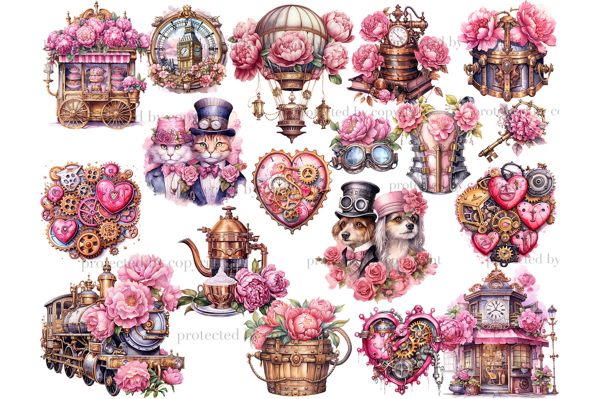 Pink Steampunk Valentine's Day PNG, a Seasonal Illustration by GlamArtZhanna (Photo 3 of 6)