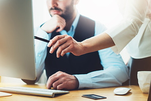 Idea alalyze marketing plans featuring bearded, young, and businessman