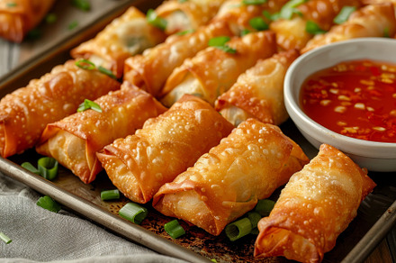 Tray of crispy golden egg rolls serv, a Photo by Iftikhar Alam