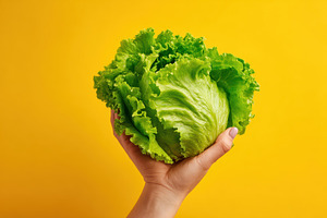 Fresh green lettuce held against yellow background, a Food & Drink Photo by AlyaAnd