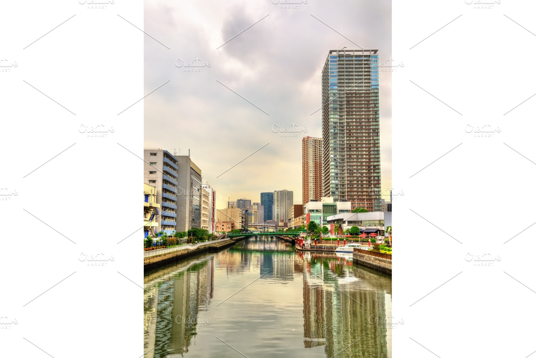 Buildings and canal in minato ward tokyo containing city, japan, and tokyo, an Architecture Photo by Leonid Andronov