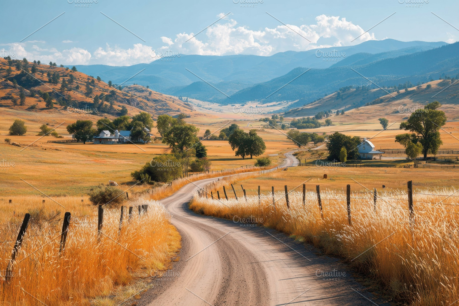 Winding dirt road through golden landscape, a Nature Photo by AlyaAnd
