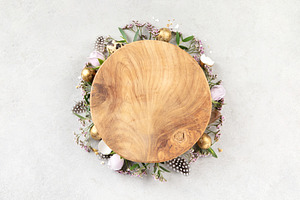 Rustic Wooden Plate Mockup with Spring Floral Wreath, a Holiday Photo by Natalia Klenova's Shop