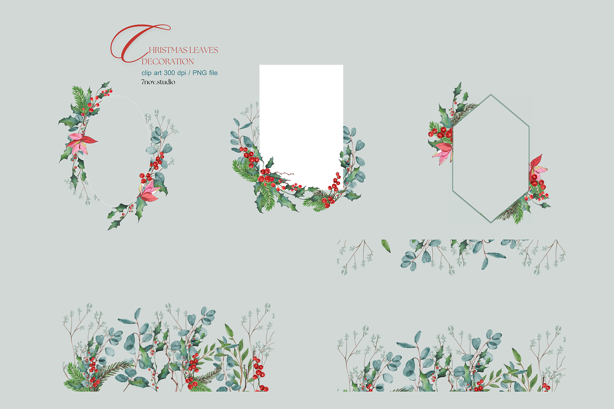 Christmas Leaves Decoration, a Seasonal Illustration by 7nov.studio (Photo 4 of 7)