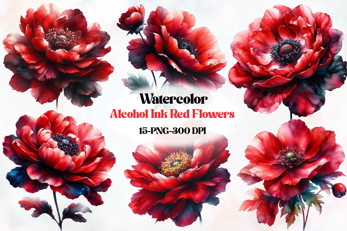 Alcohol Ink Red Flowers Clipart, an Illustration by Designworld (Photo 1 of 4)