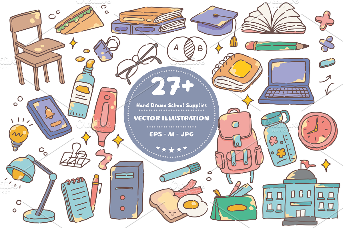 Set of Sketchy School Supplies Icon, an Object Graphic by dudellicious