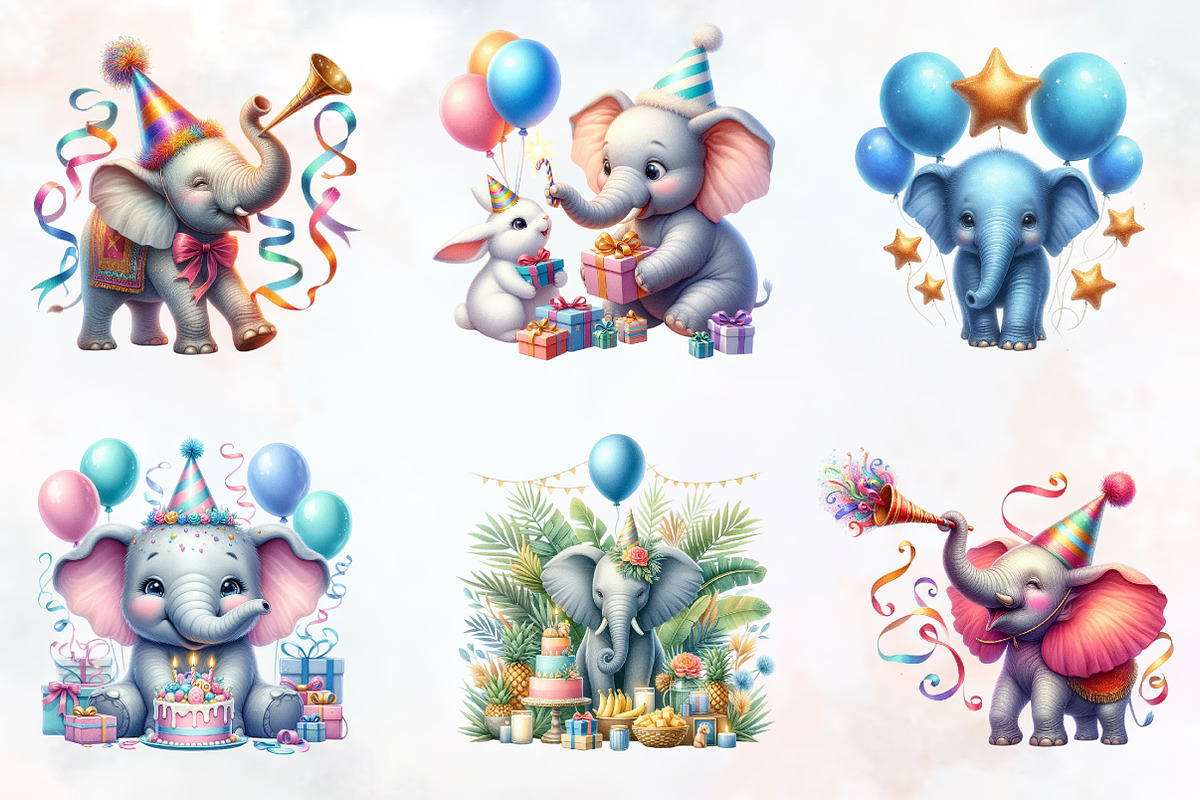 Elephant Birthday Watercolor Clipart, an Illustration by RobertsArt (Photo 7 of 8)