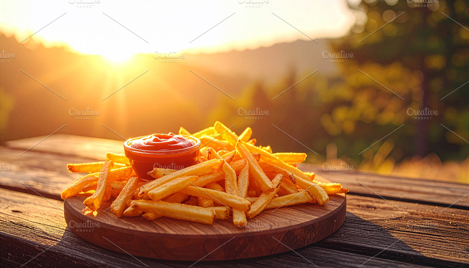 Crispy golden fries on a rustic wooden table bathed in warm, glowing sunset lig, a Food & Drink Photo by DutchDigitalDesign