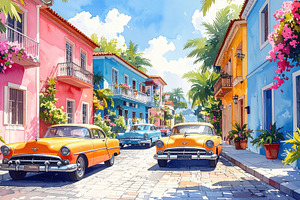 Colorful street with vintage cars and colonial houses