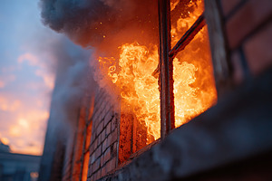 Fire engulfs building in dramatic blaze at dusk, thick smoke billowing into the, a Photo by AlyaAnd