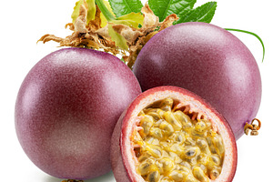 Dark purple passion fruits and it's half with seedly interior on, a Food & Drink Photo by Volff