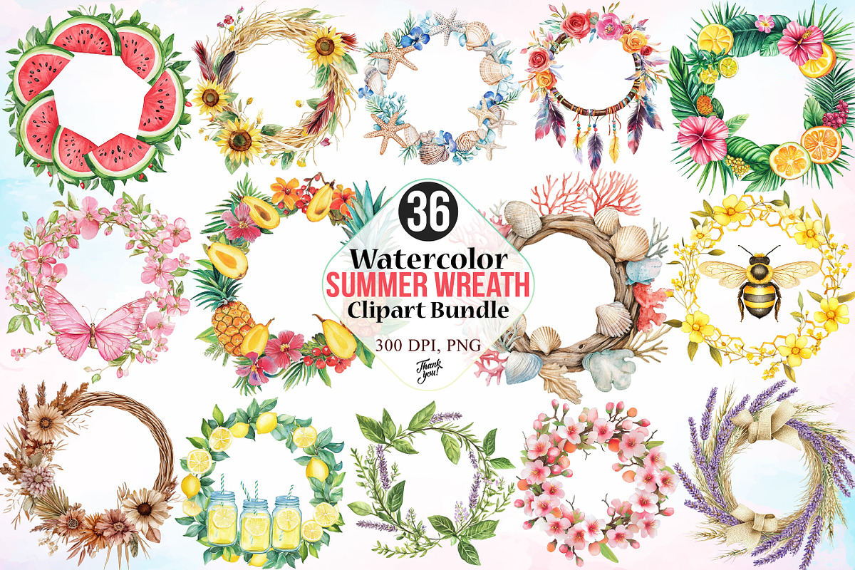 Watercolor Summer Wreath Clipart PNG, an Illustration by Canvas Craft (Photo 1 of 4)