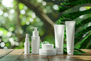 Different blank cosmetic containers on blurred green background, a Beauty & Fashion Photo by AlyaAnd