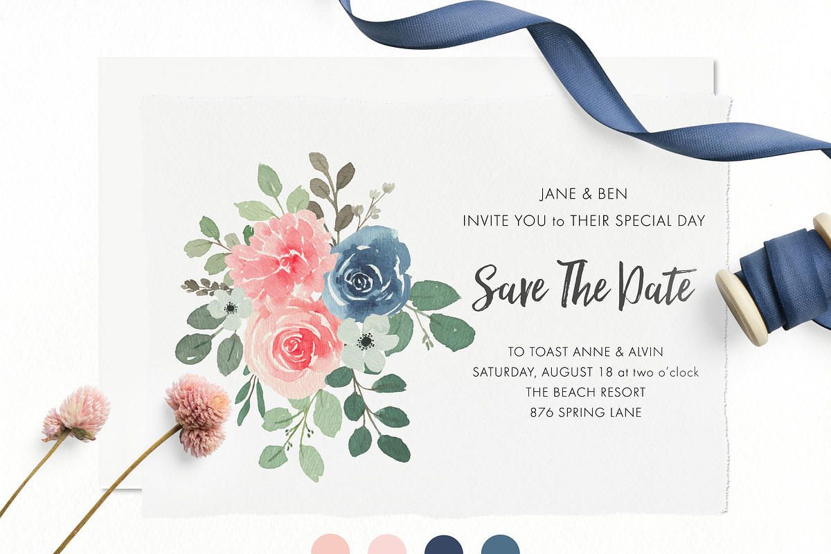 Blush and Navy Watercolor Florals, a Work Illustration by Momo Studio (Photo 10 of 12)