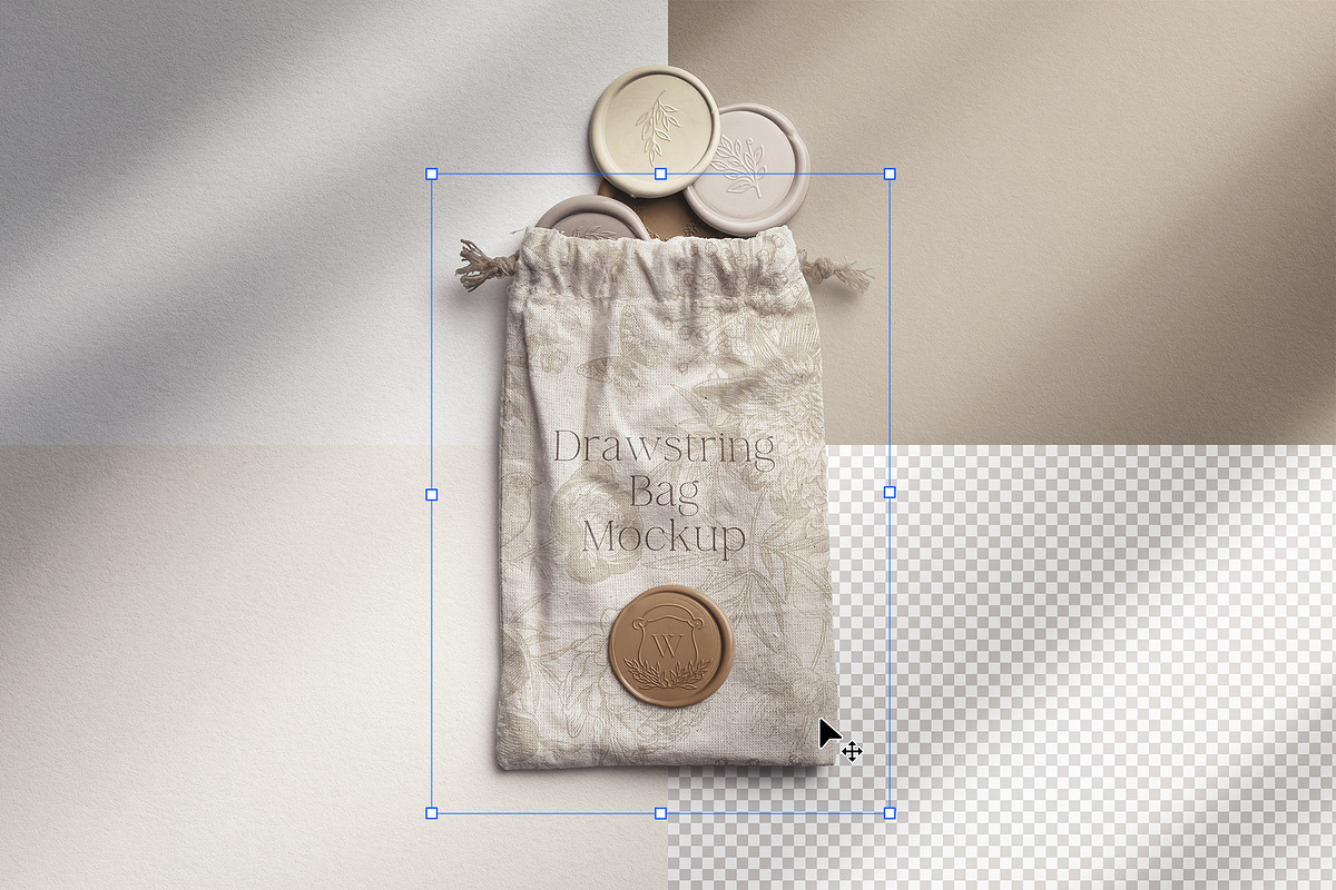 Drawstring Bag with Wax Seals Mockup, an Advertising Mockup by Custom Scene (Photo 4 of 11)