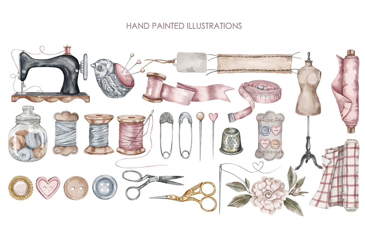 Watercolor vintage sewing clipart, an Illustration by AquarelleSpace (Photo 2 of 4)