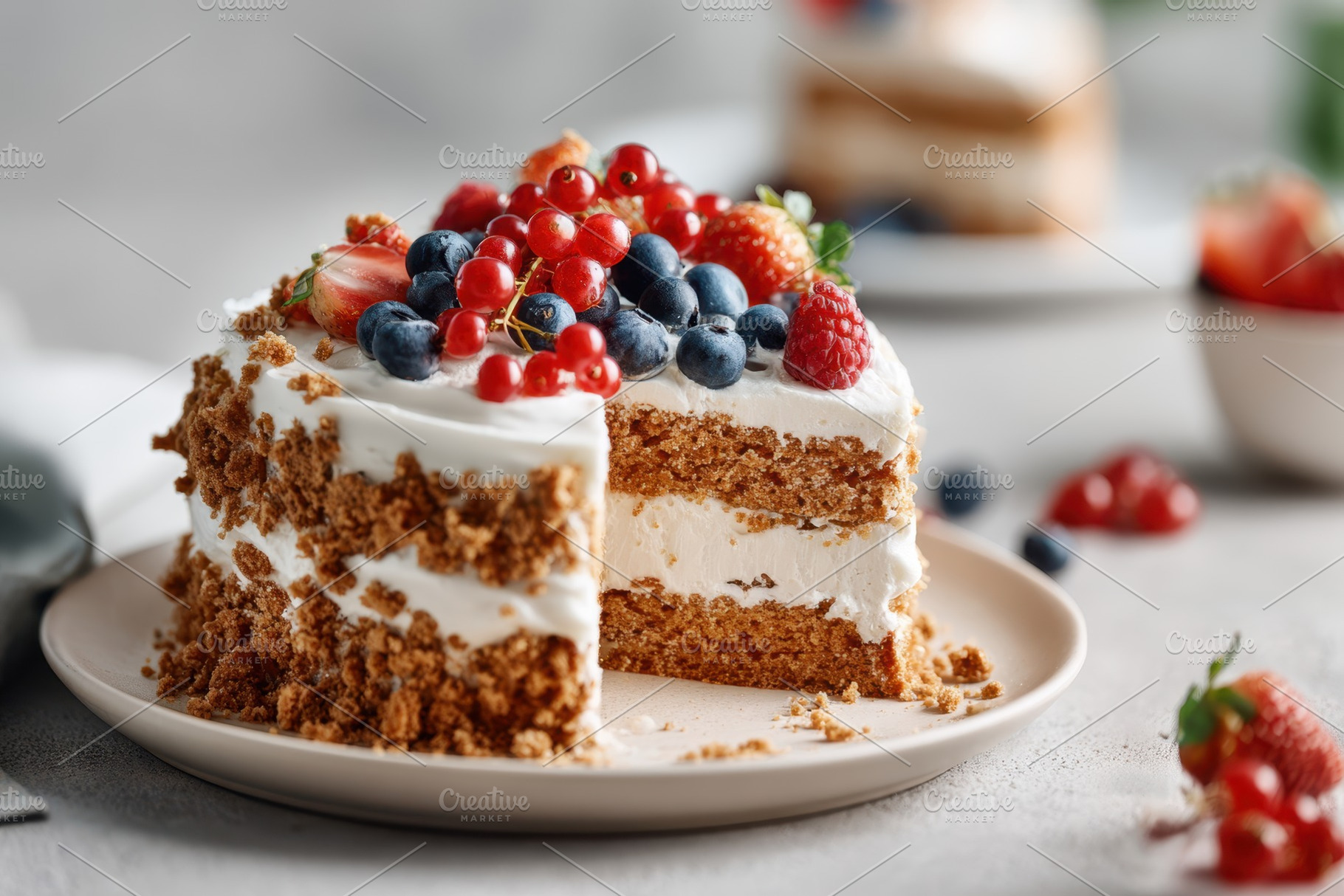 Layered cake with fresh berries and cream, a Food & Drink Photo by AlyaAnd