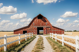 Rustic red barn, golden wheat field,, a Photo by rarrarorro