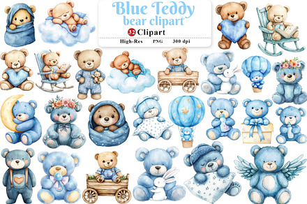 Cute Blue Teddy bear clipart, an Illustration by Watercolor design
