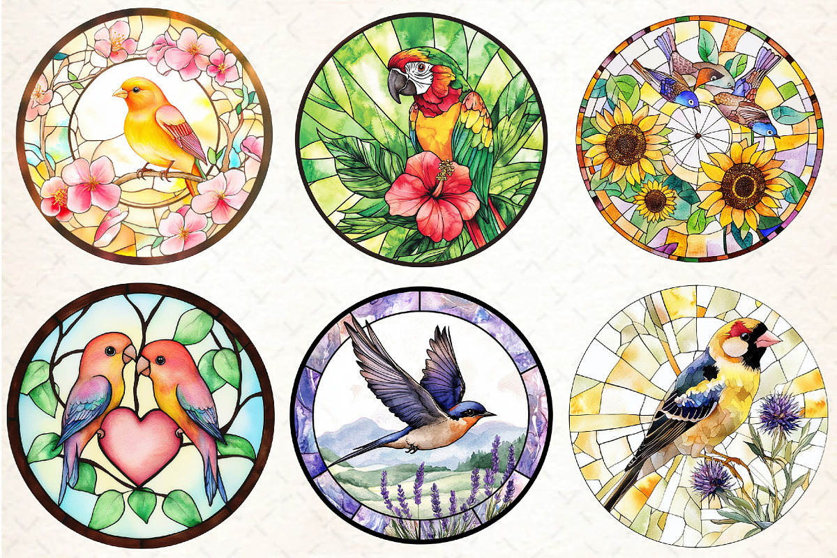Round Stained Glass Birds Clipart, an Illustration by DreamCafeArt (Photo 2 of 9)