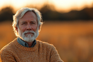 Mature man with white hair and beard wearing orange sweater stan, a Person Photo by José Manuel Gelpi