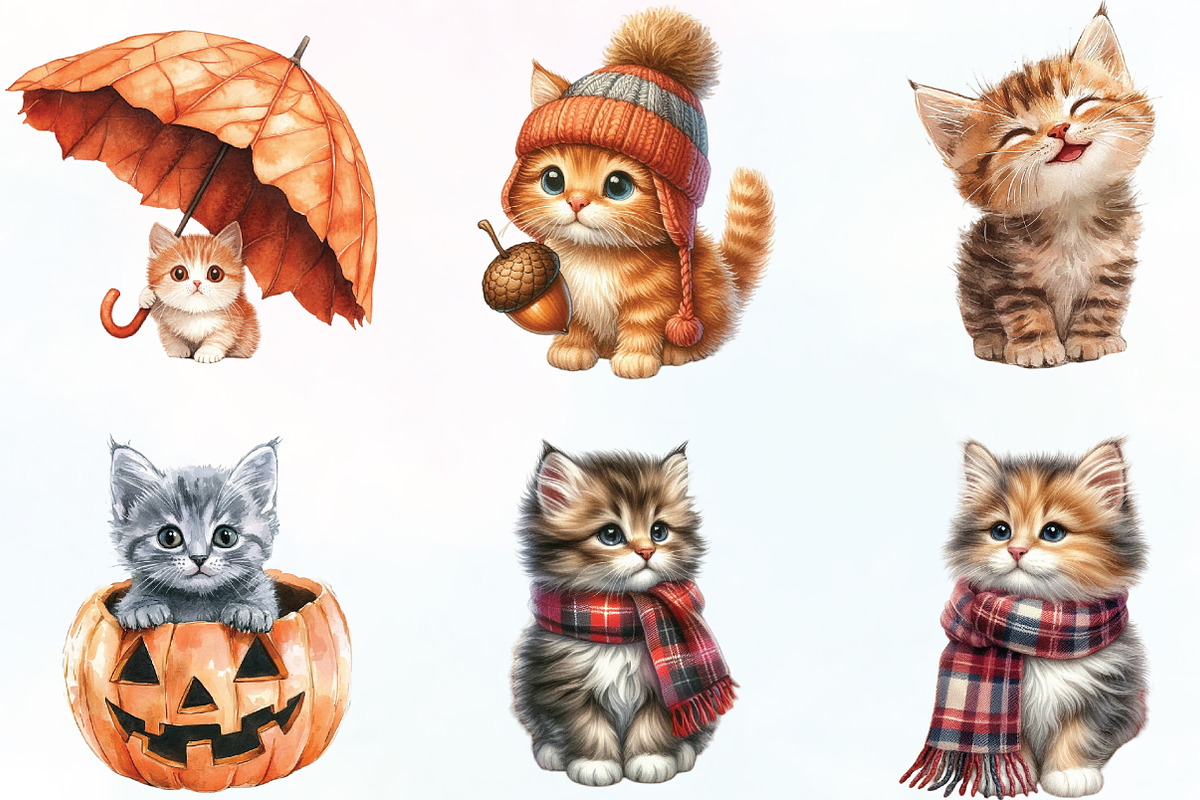 Watercolor Autumn Kitten Clipart, an Illustration by CraftArtStudio (Photo 2 of 6)