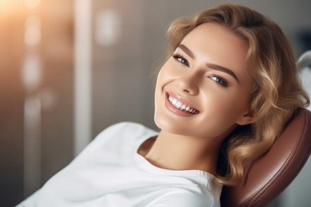 A close - up shot of a beautiful woman reclined in a dentist cha, a Health & Medical Photo by designvectx