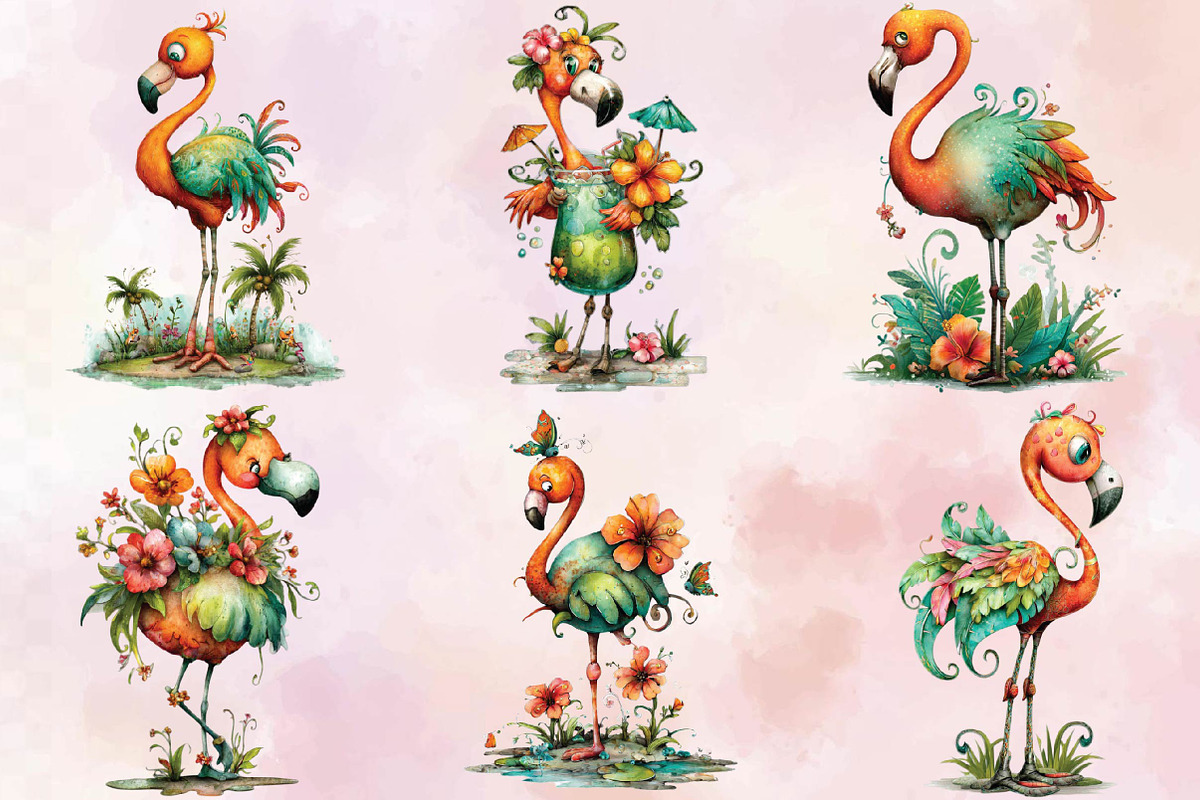 Watercolor Summer Flamingo Clipart, an Illustration by SVGArt (Photo 5 of 9)