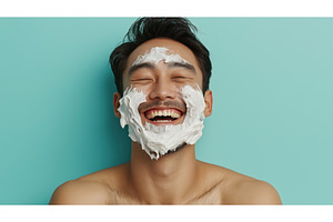 Asian man with shaving cream on his, a Person Photo by Sergey Kotenev