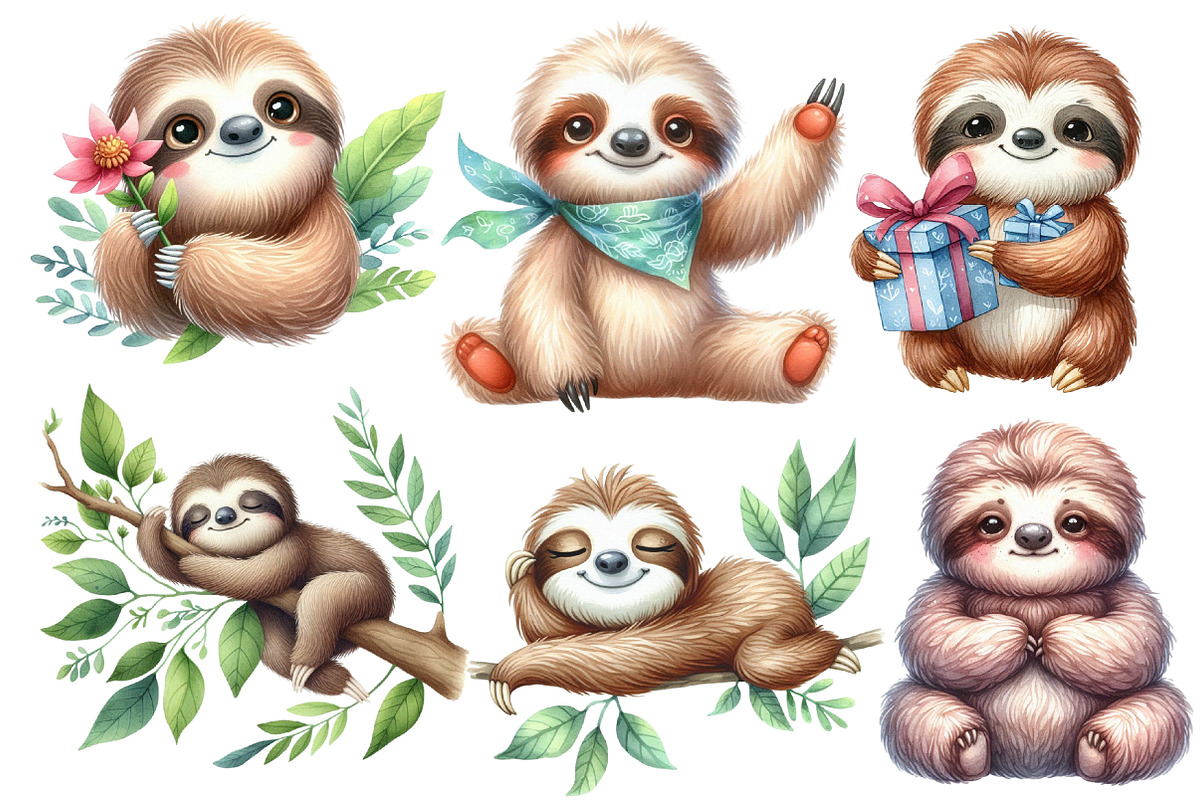 Sloth watercolor clipart, an Illustration by Designworld (Photo 4 of 6)