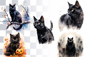 10 Black Cats Watercolor Clipart