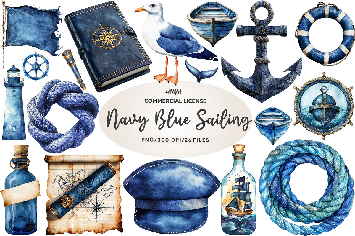 Vintage Navy Blue Sailing Clipart, an Illustration by CreationArt (Photo 1 of 5)