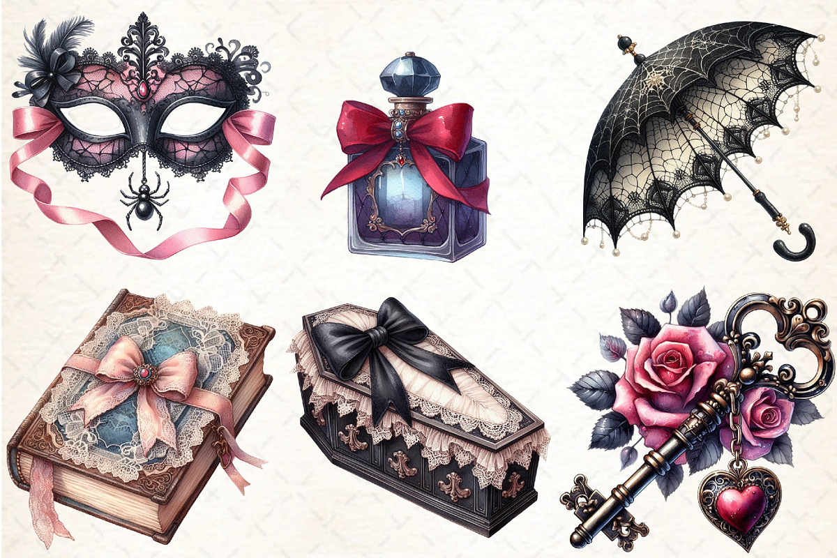 Gothic Coquette Halloween Clipart, an Illustration by DreamCafeArt (Photo 2 of 7)