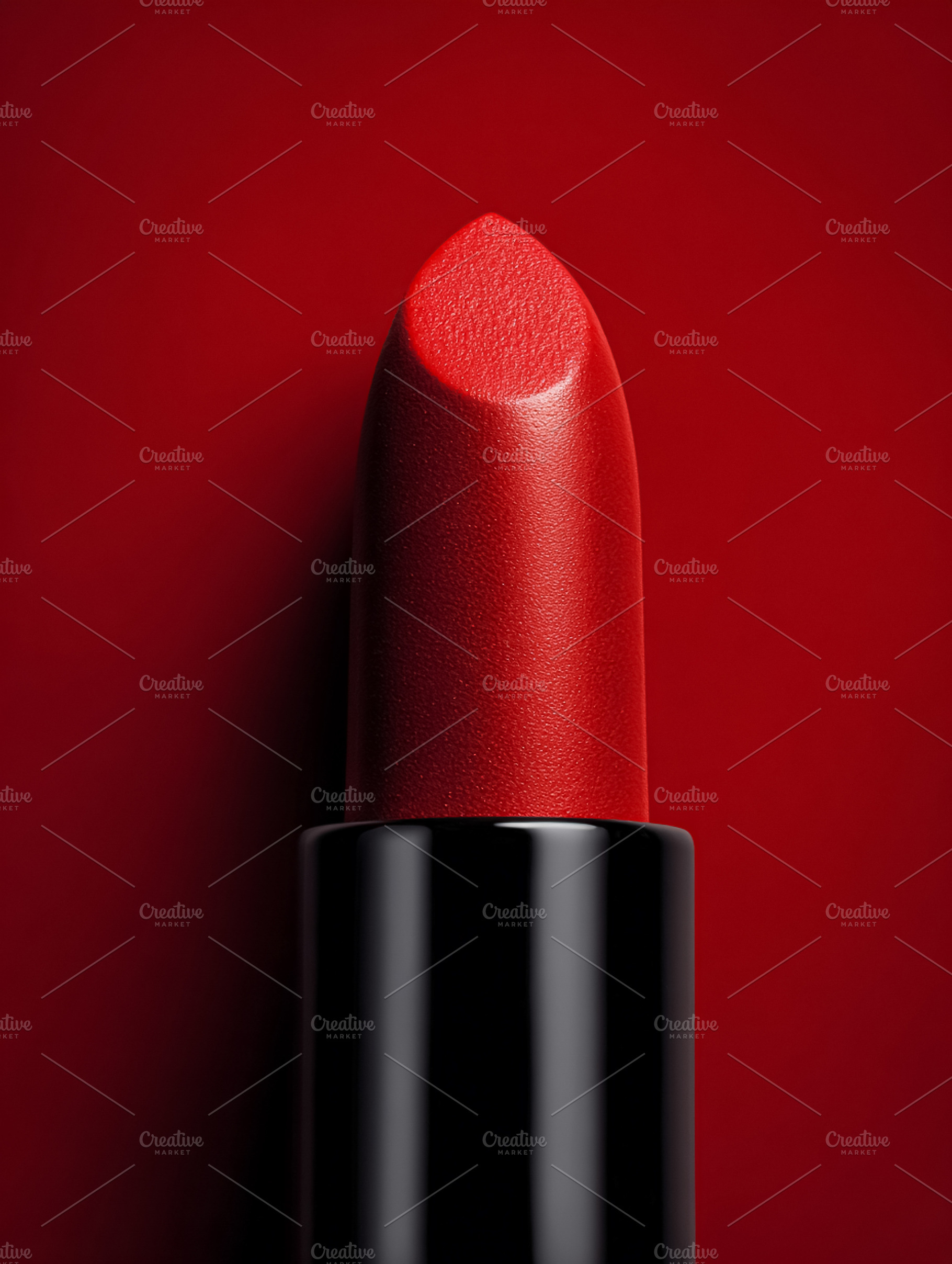 Red lipstick tube on red background, luxurious beauty concept co, a Photo by Studio ANNA
