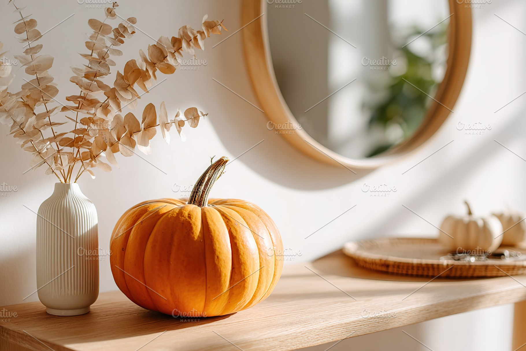 Vibrant orange pumpkin with decorative elements in a cozy indoor setting during, a Holiday Photo by AlyaAnd