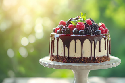 Delicious cake with frosting cream and ripe berries, a Food & Drink Photo by AlyaAnd