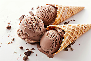 Chocolate ice cream in waffle cones on white background, a Food & Drink Photo by AlyaAnd