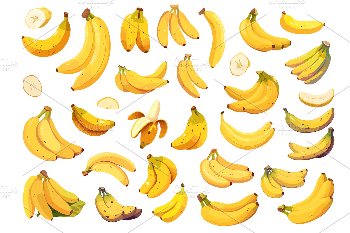Cartoon banana set. Yellow whole cut, a Food Illustration by Stock-Smart-Start