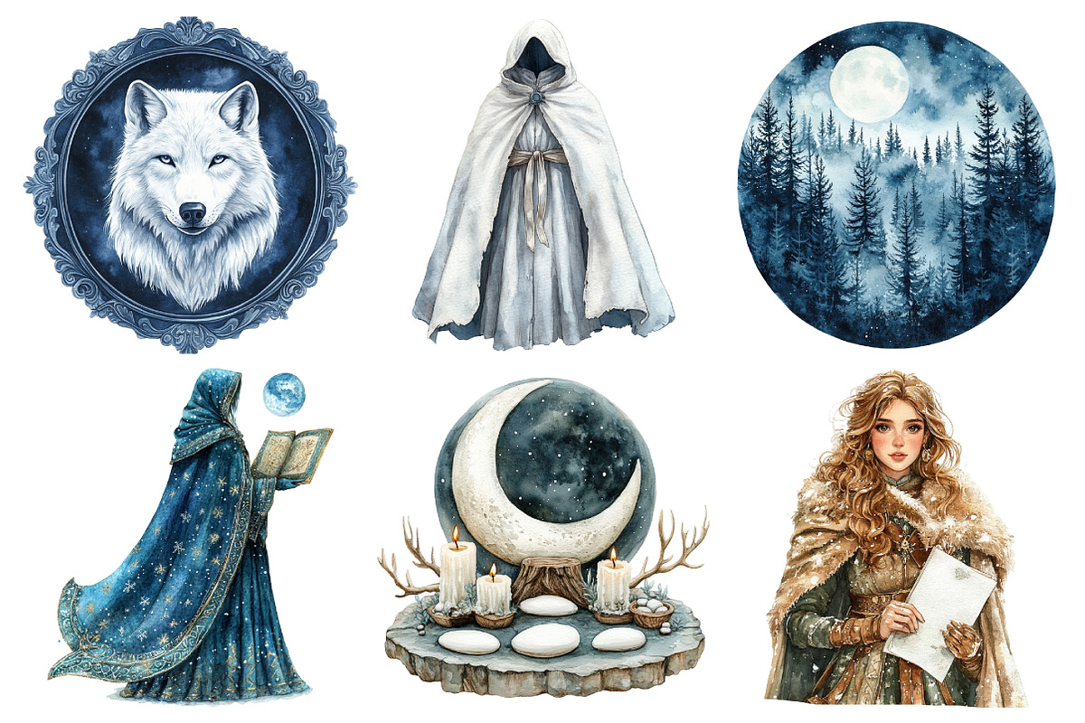 Watercolor Lunar Wolf Maiden Clipart, an Illustration by Daily.Designs (Photo 2 of 5)