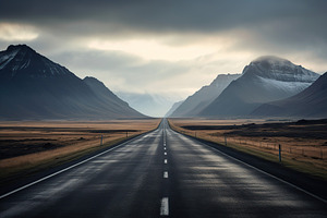 Empty asphalt road with mountains in the distance and cloudy sky, a Background Photo by AlyaAnd