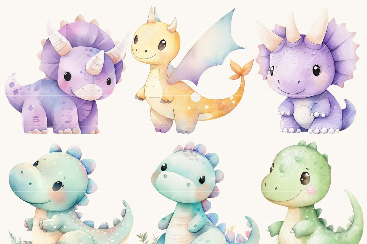 Watercolor Cute Dinosaur Clip Art, an Animal Illustration by SparkyDesignsUS (Photo 3 of 9)