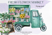 Watercolor flower market car clipart, an Object Illustration by yana.fefelova (Thumbnail 1 of 6)