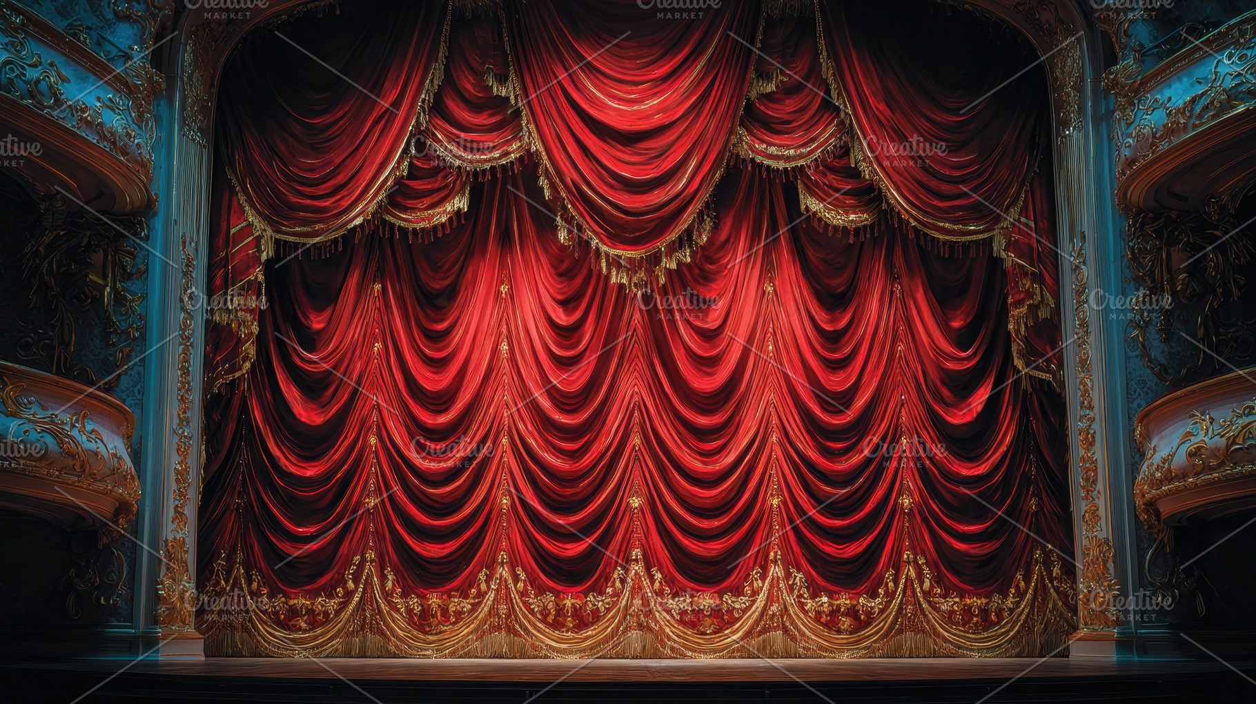 Gorgeous red theater curtains hangin, a Photo by Pavel_design