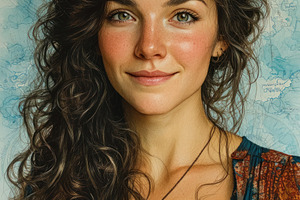 Beautiful Woman Portrait with Curly Hair Against Vintage Map Bac, a Person Photo by José Manuel Gelpi