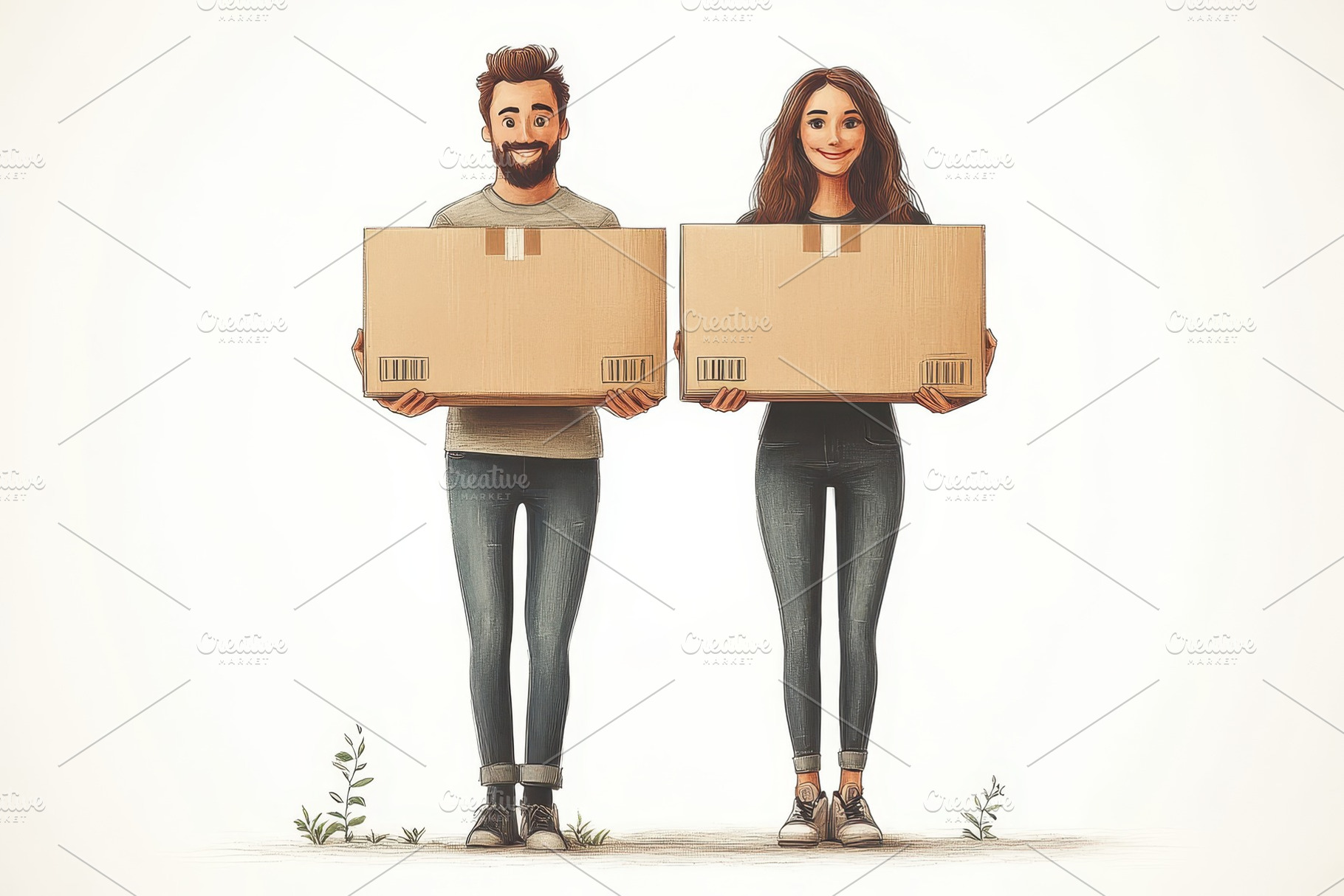Happy couple holding cardboard boxes, a Photo by Tanuart